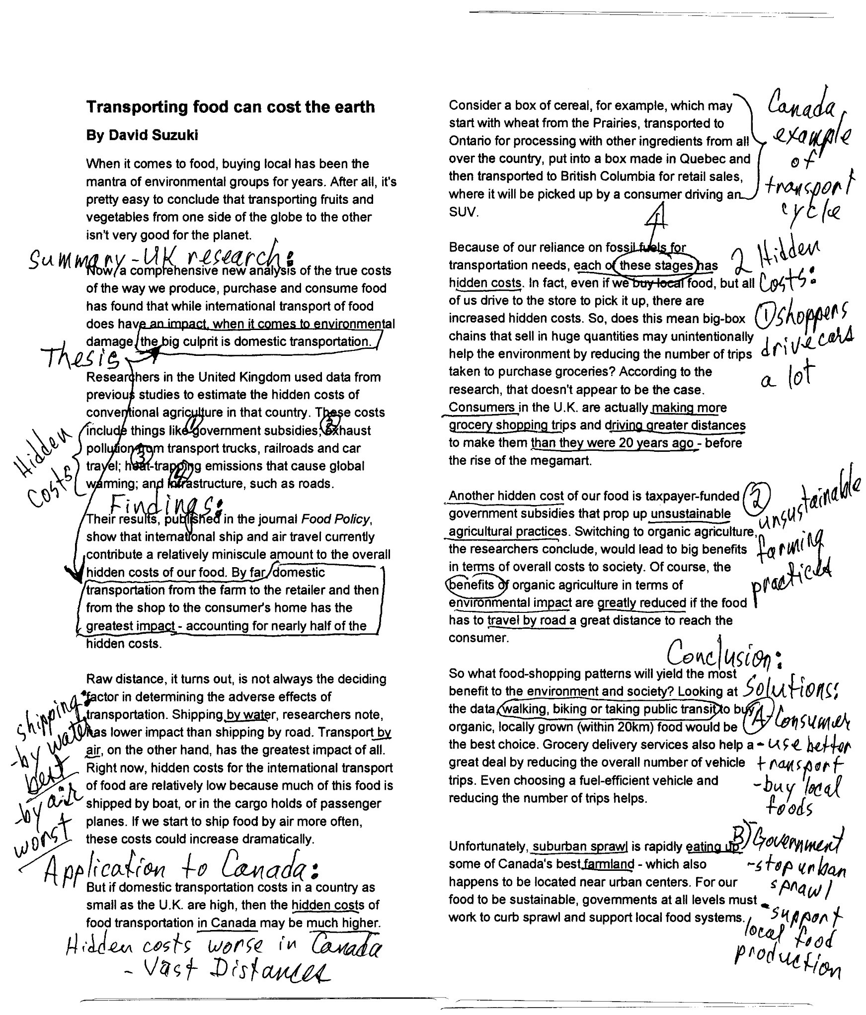 example of marked up document - Transporting food can cost the earth - David Suzuki